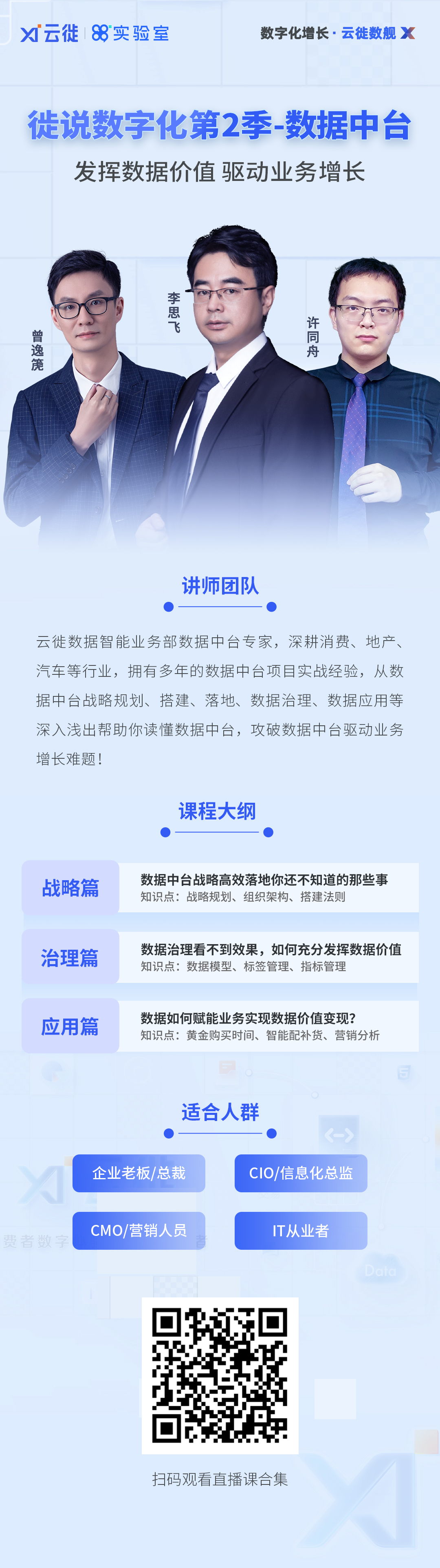 数据中台直播课，涵盖数据中台战略、中台搭建、数据治理、数据应用